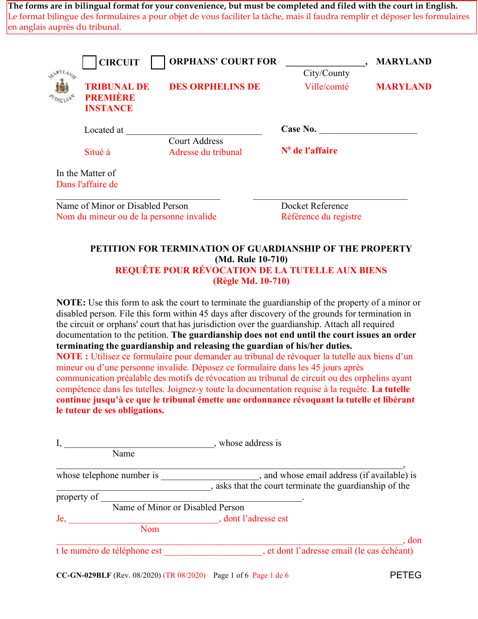 Form CC-GN-029BLF Petition for Termination of Guardianship of the Property - Maryland (English / French), Page 1