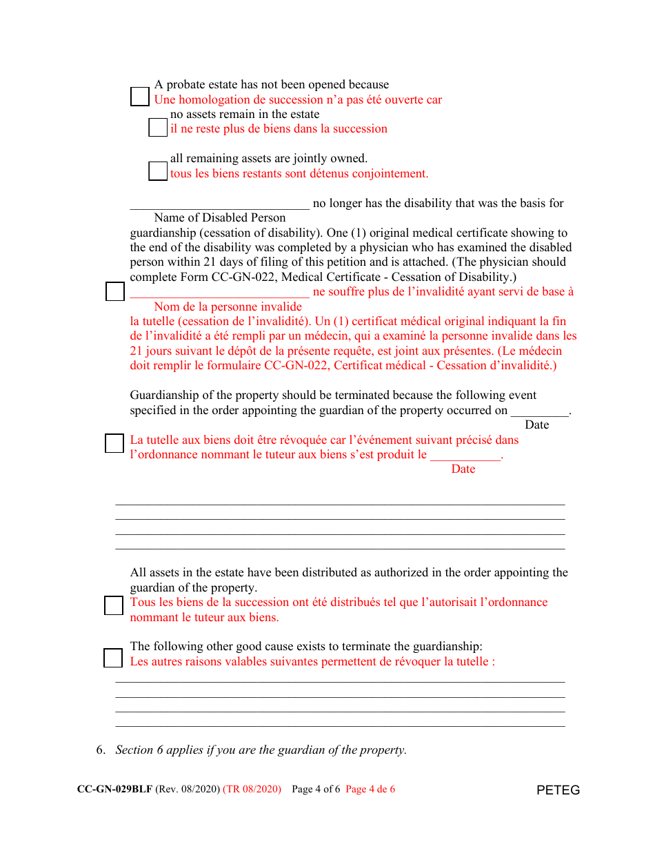 Form CC-GN-029BLF Petition for Termination of Guardianship of the Property - Maryland (English / French), Page 4