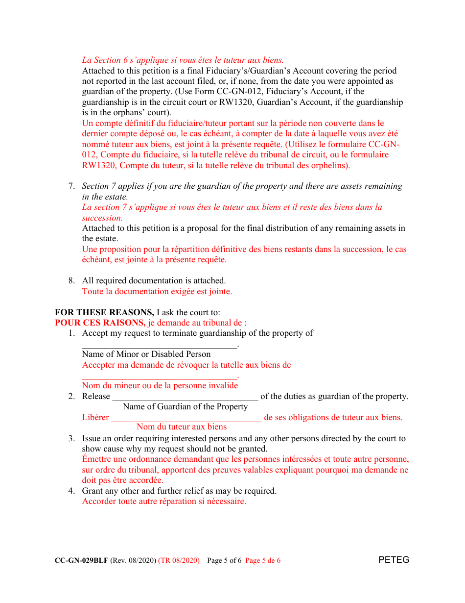 Form CC-GN-029BLF Petition for Termination of Guardianship of the Property - Maryland (English / French), Page 5