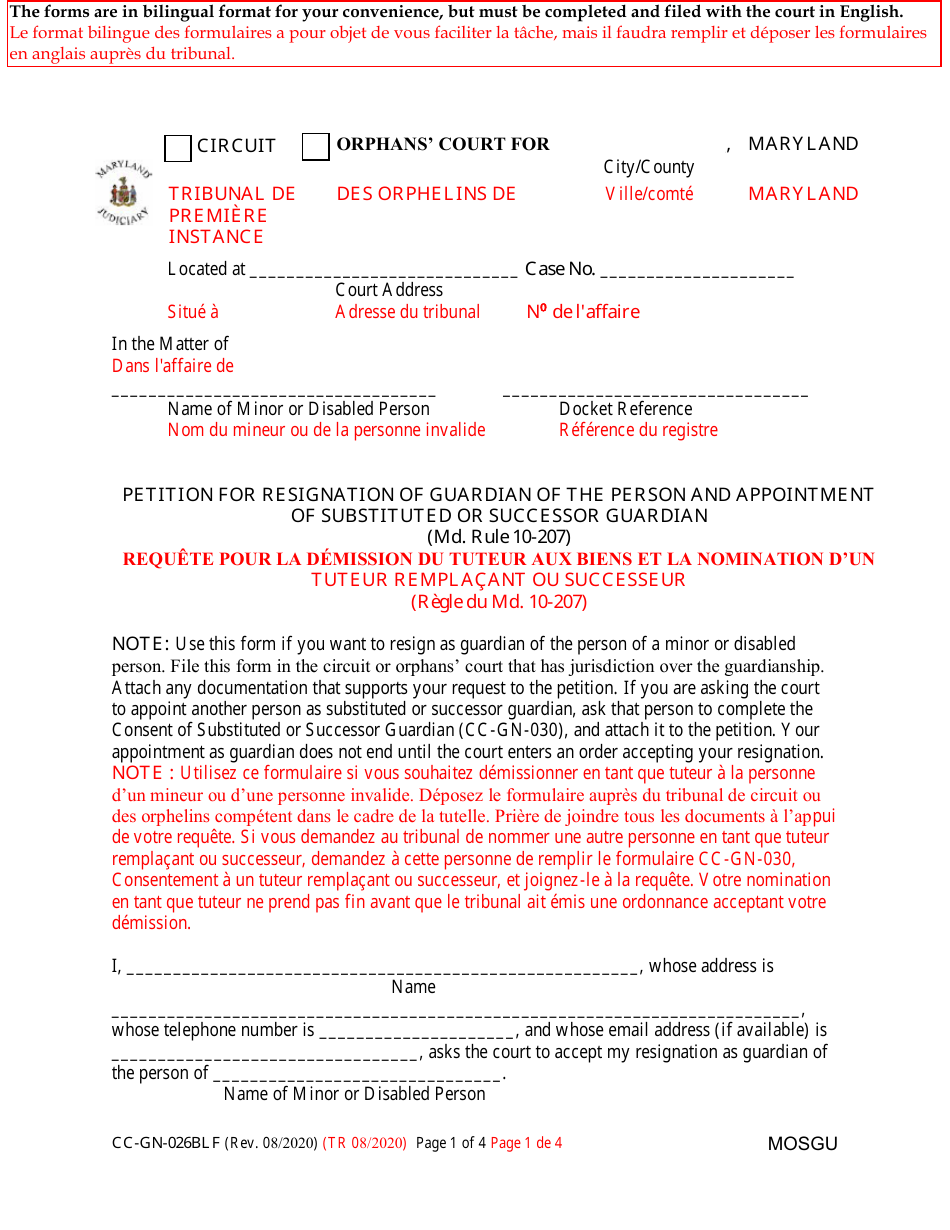 Form CC-GN-026BLF Petition for Resignation of Guardian of the Person and Appointment of Substituted or Successor Guardian - Maryland (English / French), Page 1