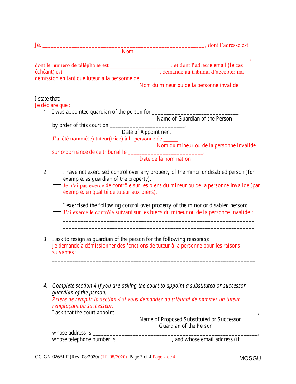 Form CC-GN-026BLF Petition for Resignation of Guardian of the Person and Appointment of Substituted or Successor Guardian - Maryland (English / French), Page 2