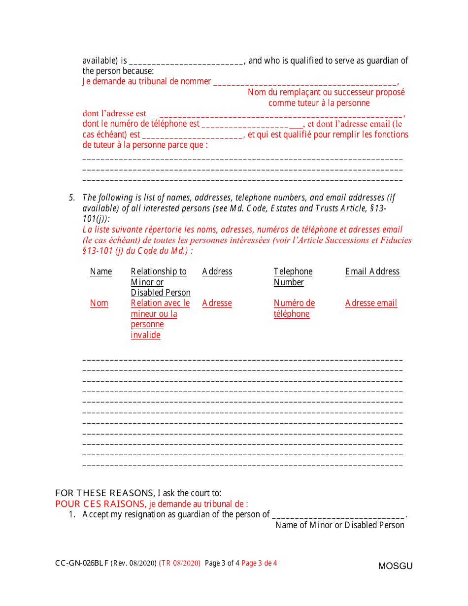 Form CC-GN-026BLF Petition for Resignation of Guardian of the Person and Appointment of Substituted or Successor Guardian - Maryland (English / French), Page 3