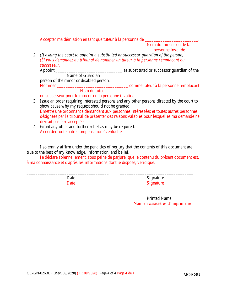 Form CC-GN-026BLF Petition for Resignation of Guardian of the Person and Appointment of Substituted or Successor Guardian - Maryland (English / French), Page 4