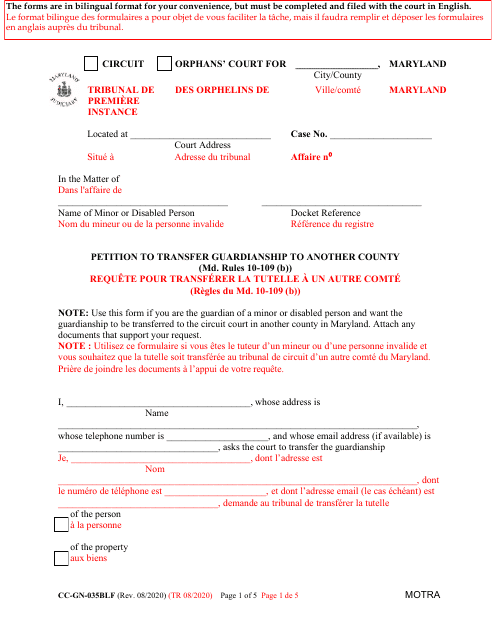Form CC-GN-035BLF Petition to Transfer Guardianship to Another Count - Maryland (English/French)