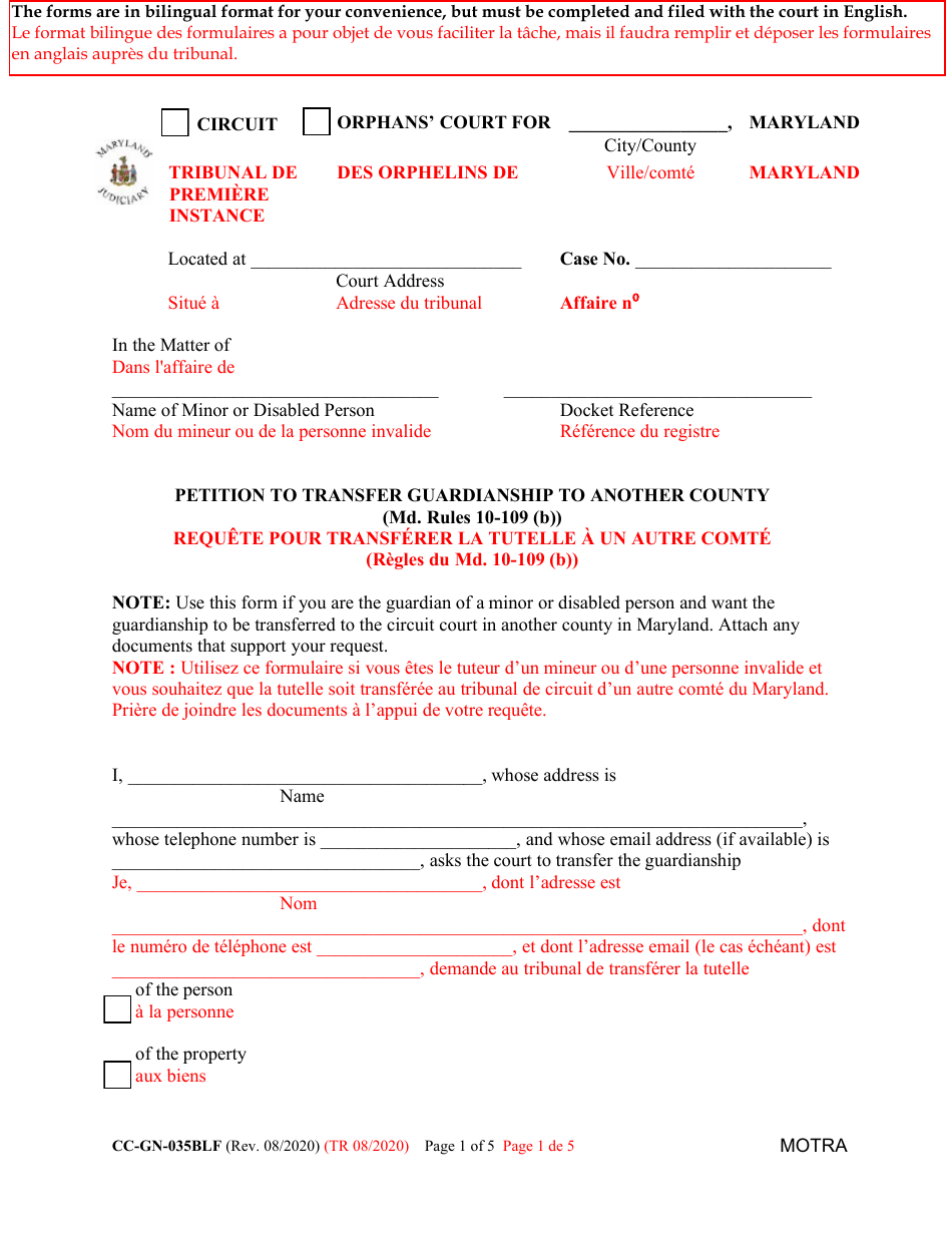 Form CC-GN-035BLF Petition to Transfer Guardianship to Another Count - Maryland (English / French), Page 1