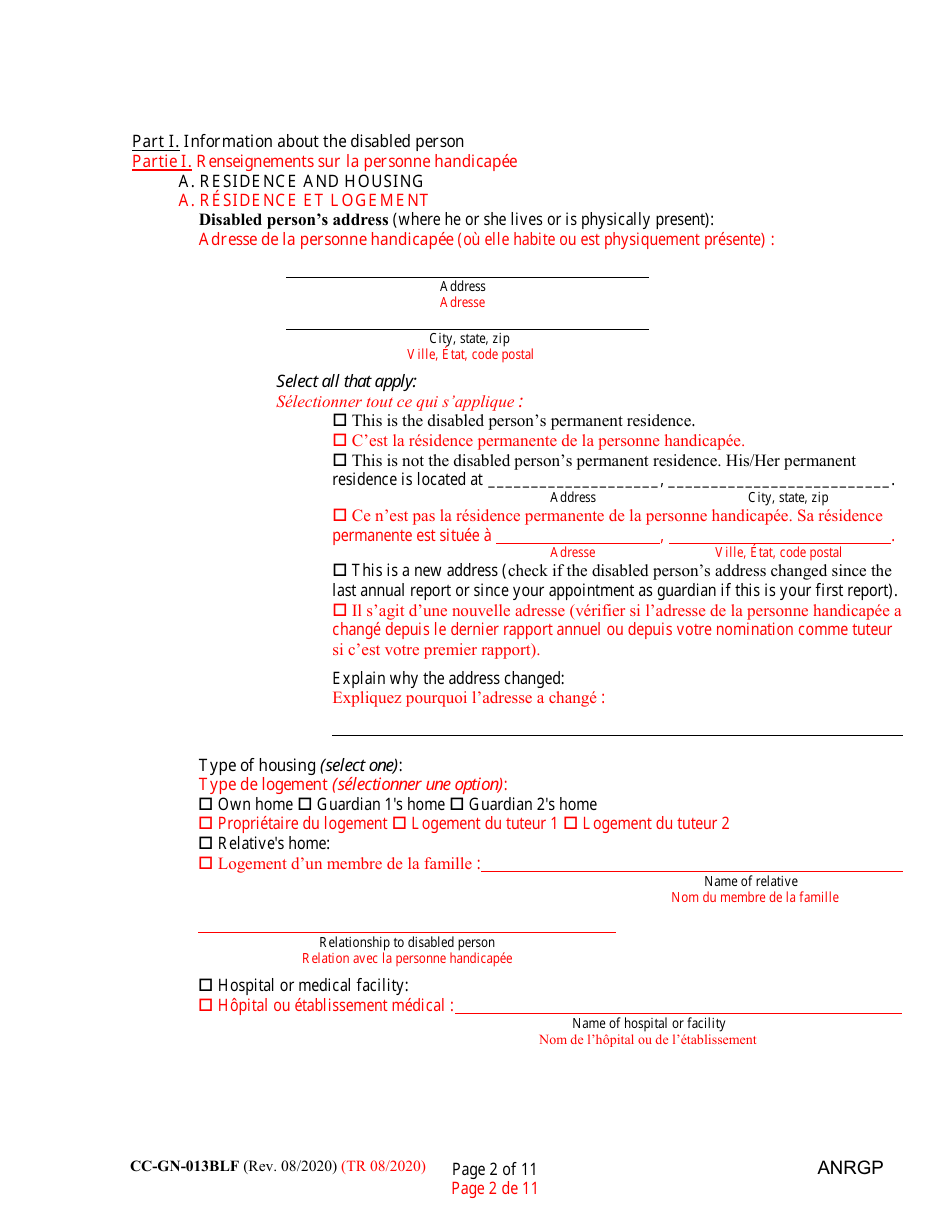 Form CC-GN-013BLF Annual Report of Guardian of Disabled Person - Maryland (English / French), Page 2
