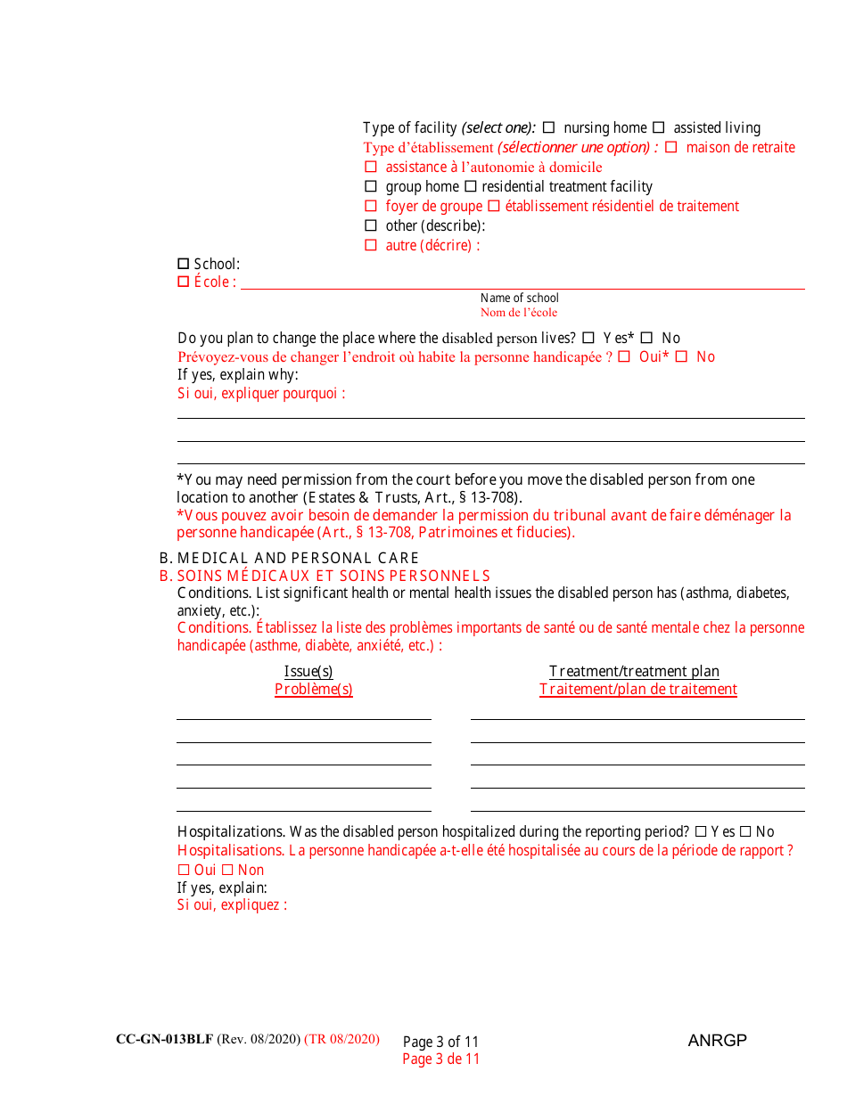 Form CC-GN-013BLF Annual Report of Guardian of Disabled Person - Maryland (English / French), Page 3