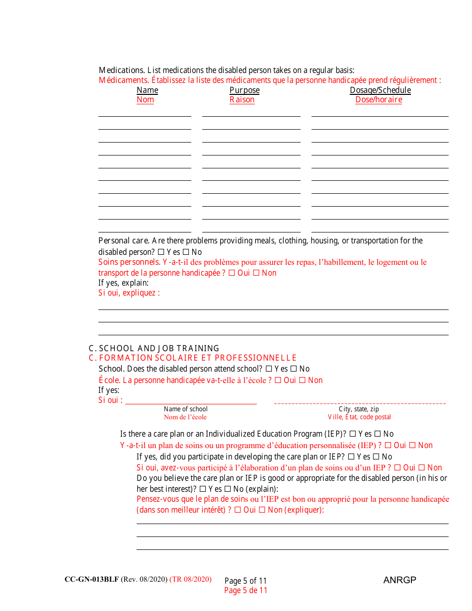 Form CC-GN-013BLF Annual Report of Guardian of Disabled Person - Maryland (English / French), Page 5
