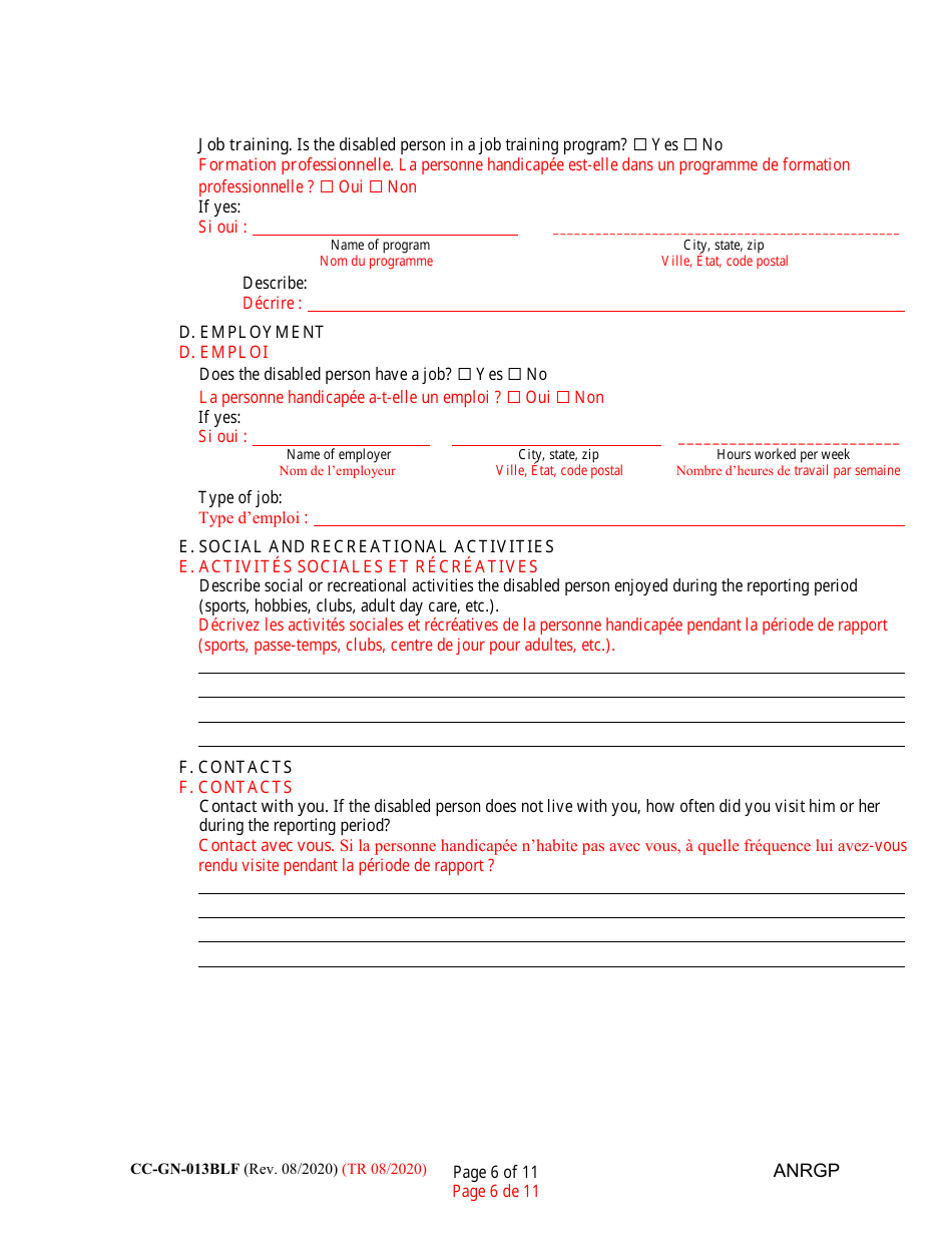 Form CC-GN-013BLF Annual Report of Guardian of Disabled Person - Maryland (English / French), Page 6