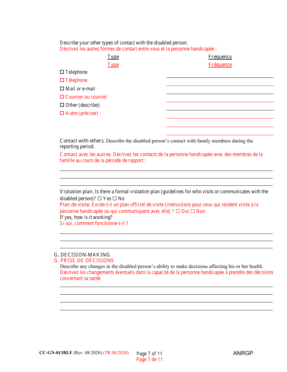 Form CC-GN-013BLF Annual Report of Guardian of Disabled Person - Maryland (English / French), Page 7