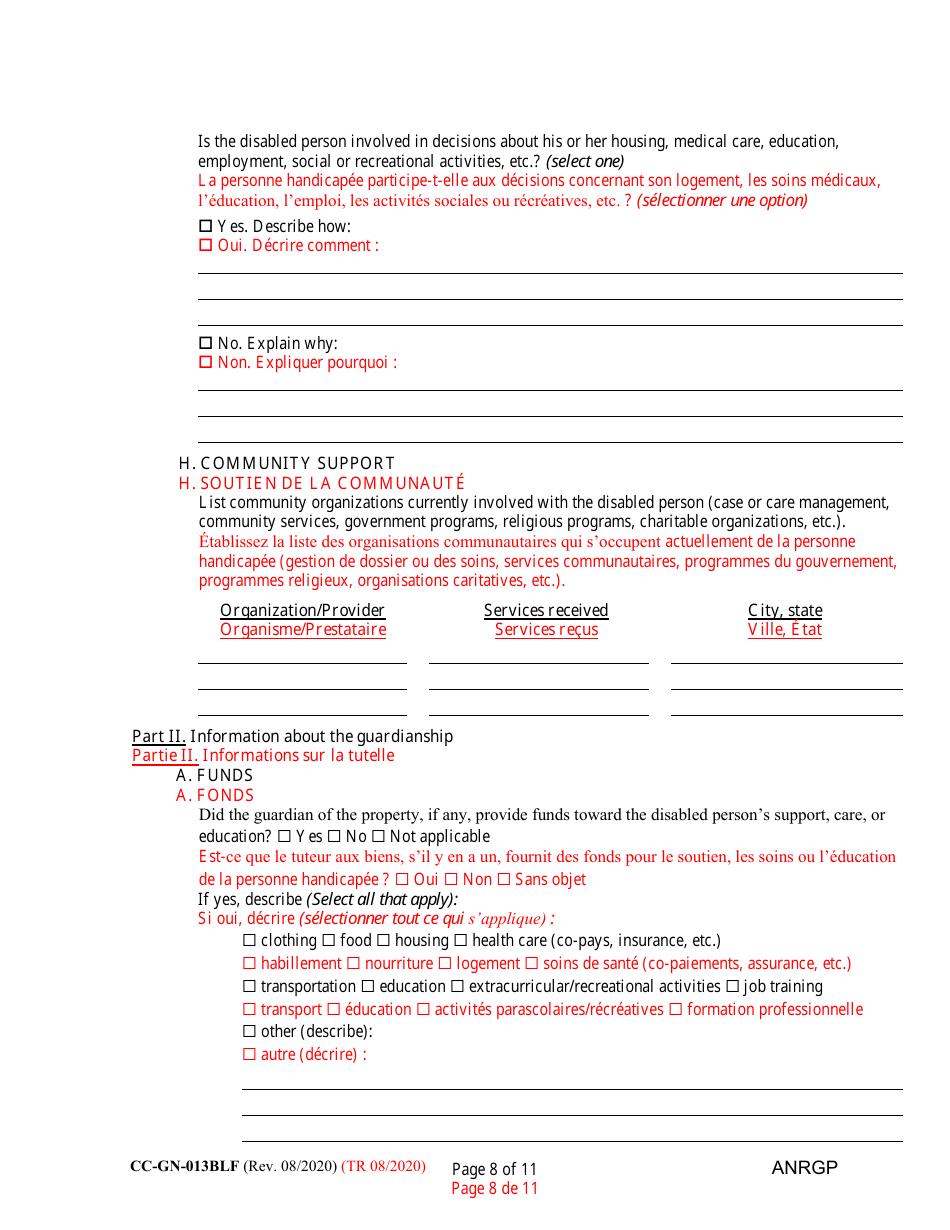 Form CC-GN-013BLF Annual Report of Guardian of Disabled Person - Maryland (English / French), Page 8