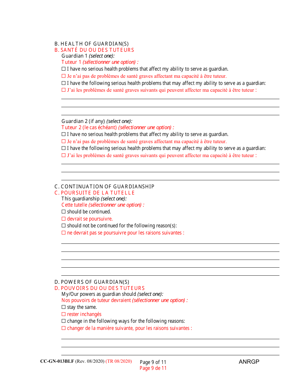 Form CC-GN-013BLF Annual Report of Guardian of Disabled Person - Maryland (English / French), Page 9