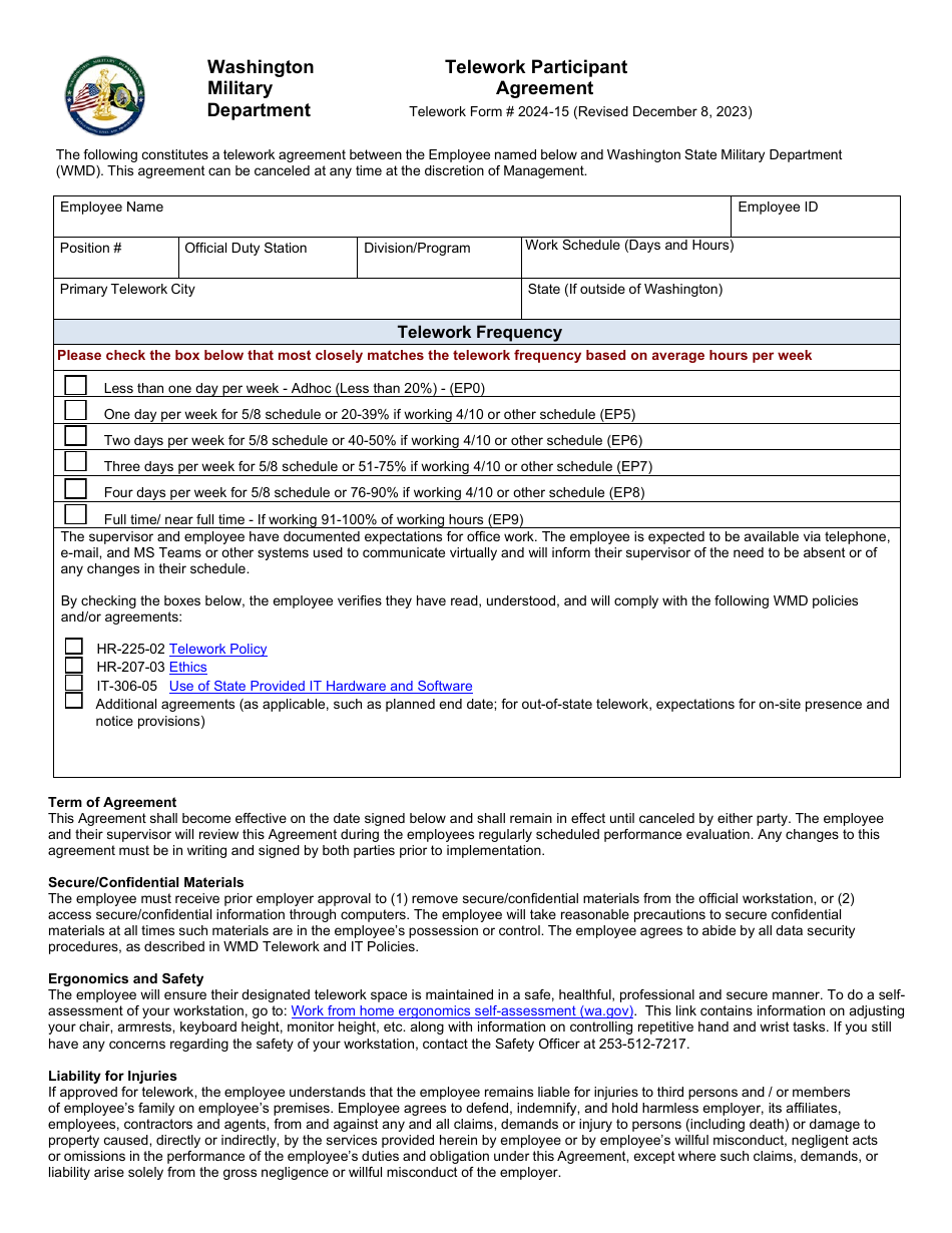 Form 2024-15 Telework Participant Agreement - Washington, Page 1