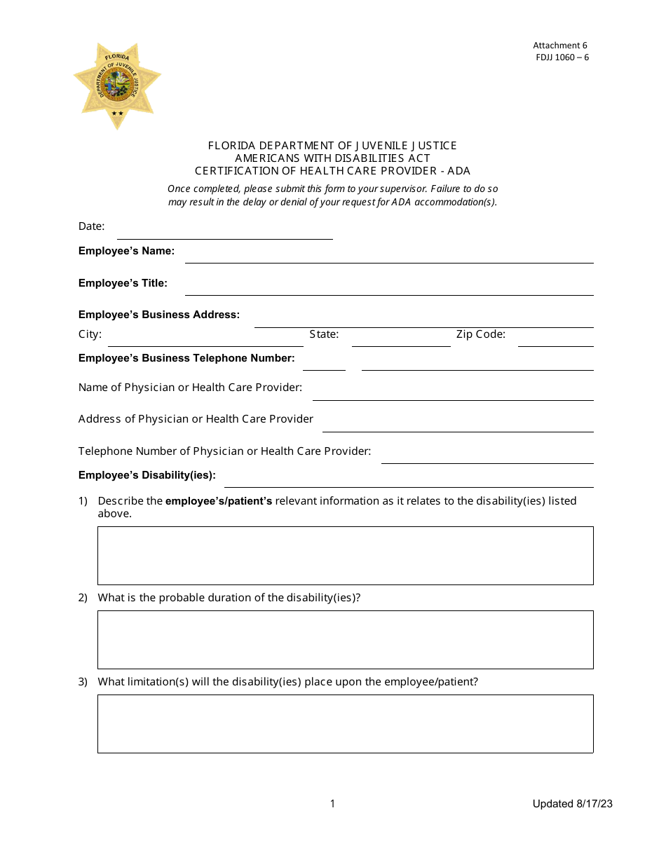Attachment 6 Certification of Health Care Provider - Ada - Florida, Page 1