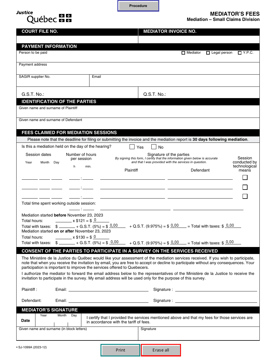 Form SJ-1099A Mediators Fees - Mediation - Small Claims Division - Quebec, Canada, Page 1