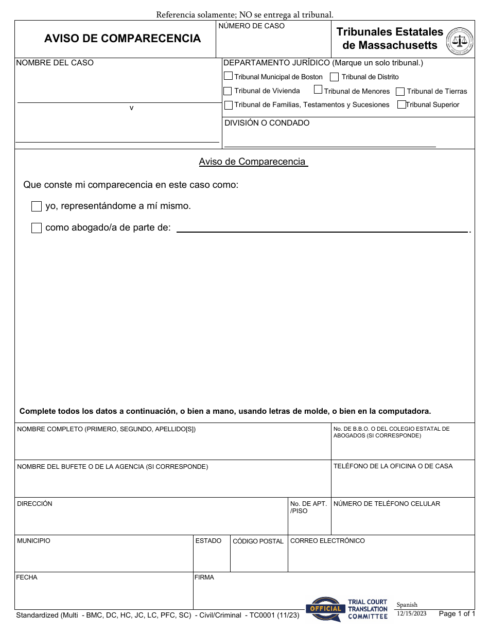 Formulario TC0001 Aviso De Comparecencia - Massachusetts (Spanish), Page 1