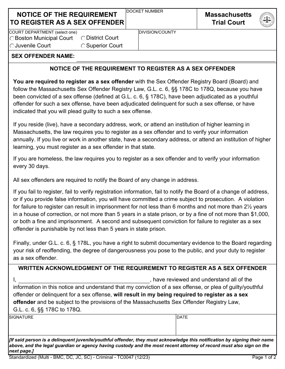 Form TC0047 Notice of the Requirement to Register as a Sex Offender - Massachusetts, Page 1