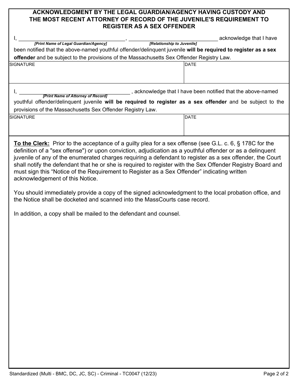 Form TC0047 Notice of the Requirement to Register as a Sex Offender - Massachusetts, Page 2