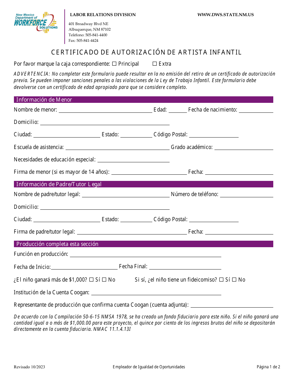 Certificado De Autorizacion De Artista Infantil - New Mexico (Spanish), Page 1