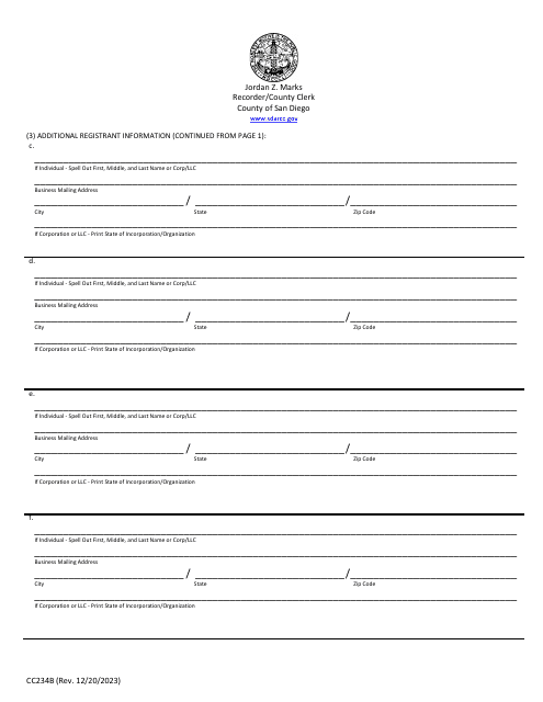 Form CC234B Fbn Additional Registrants Form - County of San Diego, California