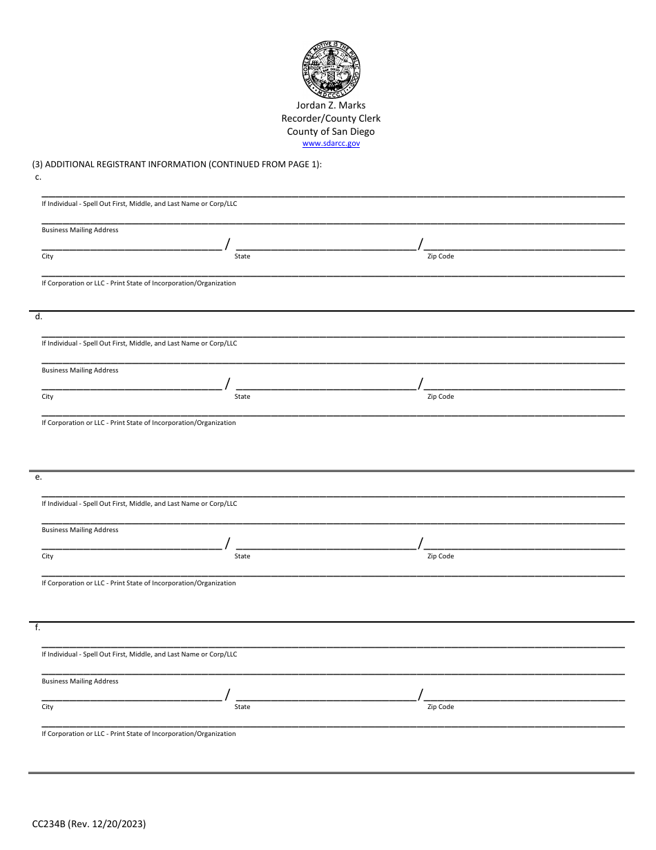 Form CC234B Fbn Additional Registrants Form - County of San Diego, California, Page 1