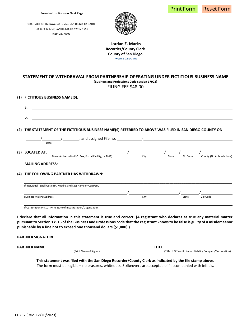 Form CC232 Statement of Withdrawal From Partnership Operating Under Fictitious Business Name - County of San Diego, California, Page 1
