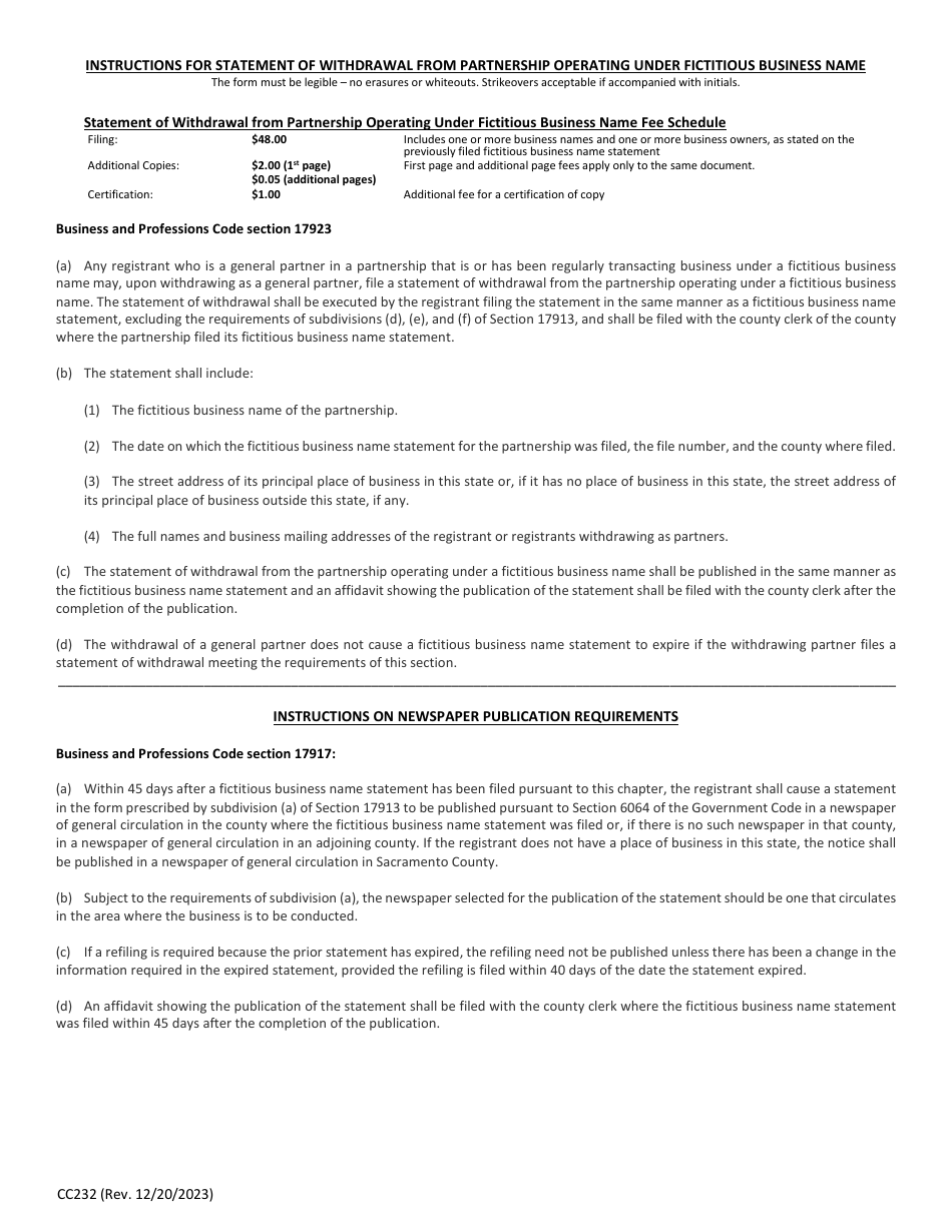 Form CC232 Statement of Withdrawal From Partnership Operating Under Fictitious Business Name - County of San Diego, California, Page 2