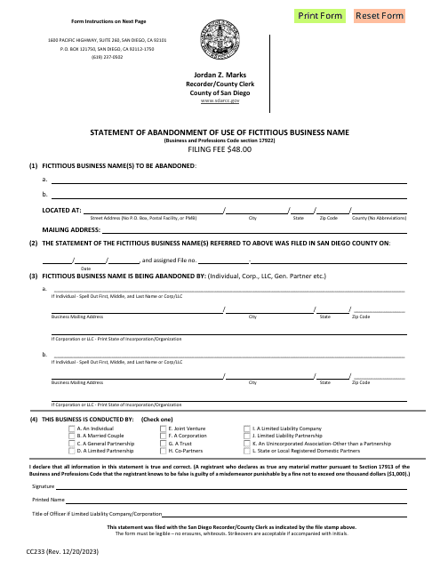 Form CC233  Printable Pdf