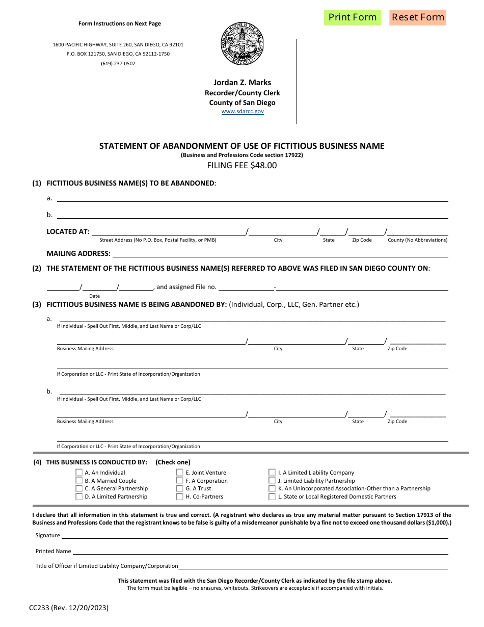 Form CC233 Download Fillable PDF or Fill Online Statement of ...