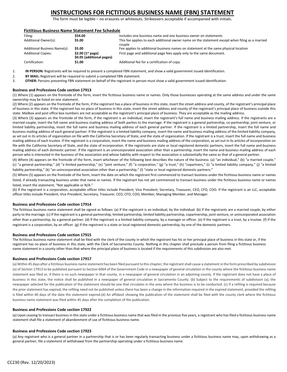 Form CC230 Fictitious Business Name Statement - County of San Diego, California, Page 1