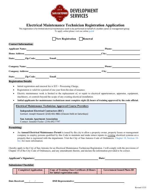 Electrical Maintenance Technician Registration Application - City of San Antonio, Texas Download Pdf