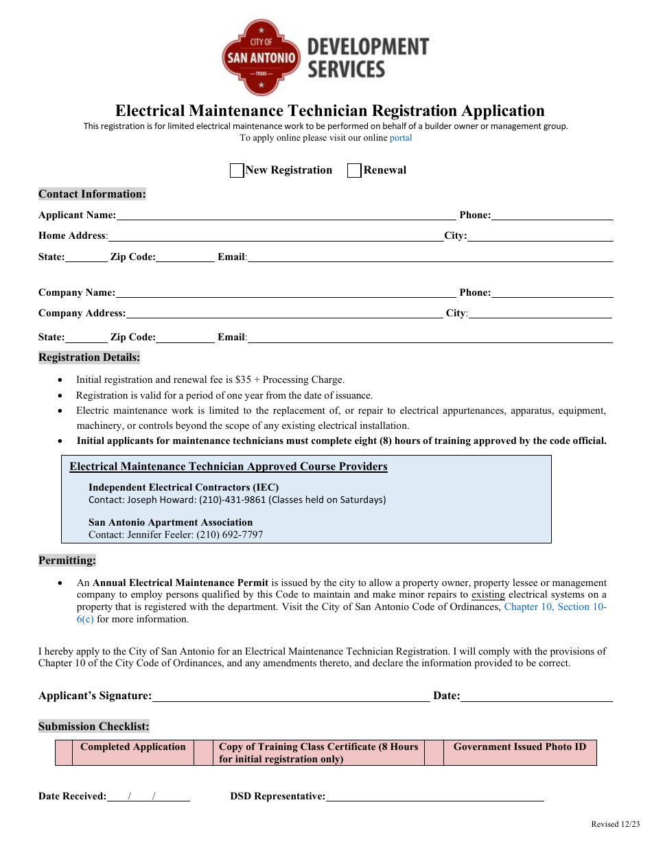 Electrical Maintenance Technician Registration Application - City of San Antonio, Texas, Page 1