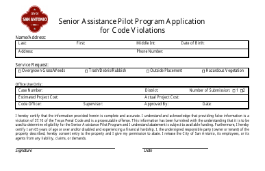 Document preview: Senior Assistance Pilot Program Application for Code Violations - City of San Antonio, Texas