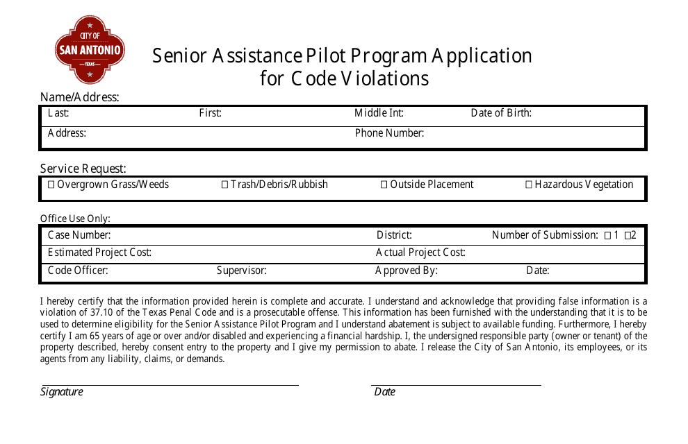 Senior Assistance Pilot Program Application for Code Violations - City of San Antonio, Texas Download Pdf