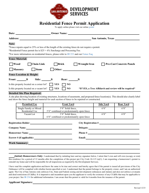 Residential Fence Permit Application - City of San Antonio, Texas Download Pdf