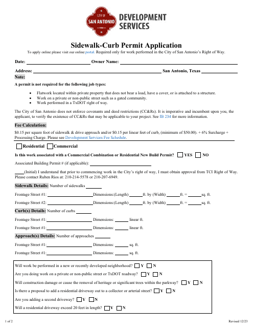 Sidewalk-Curb Permit Application - City of San Antonio, Texas Download Pdf