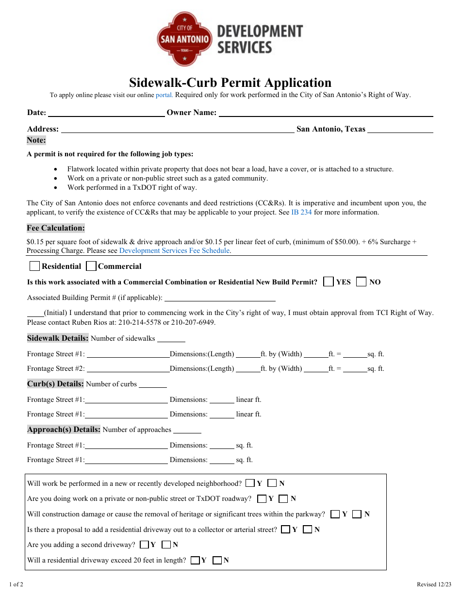 City of San Antonio, Texas SidewalkCurb Permit Application Fill Out