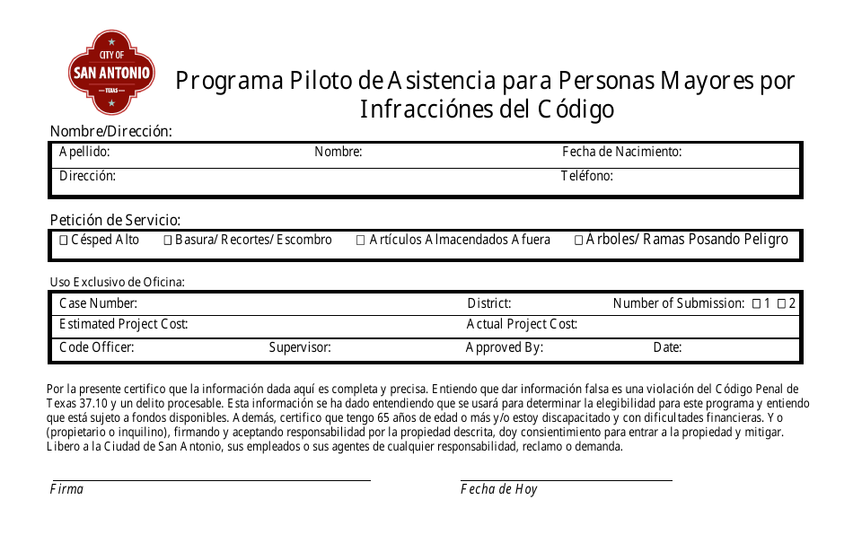 Programa Piloto De Asistencia Para Personas Mayores Por Infracciones Del Codigo - City of San Antonio, Texas (Spanish), Page 1
