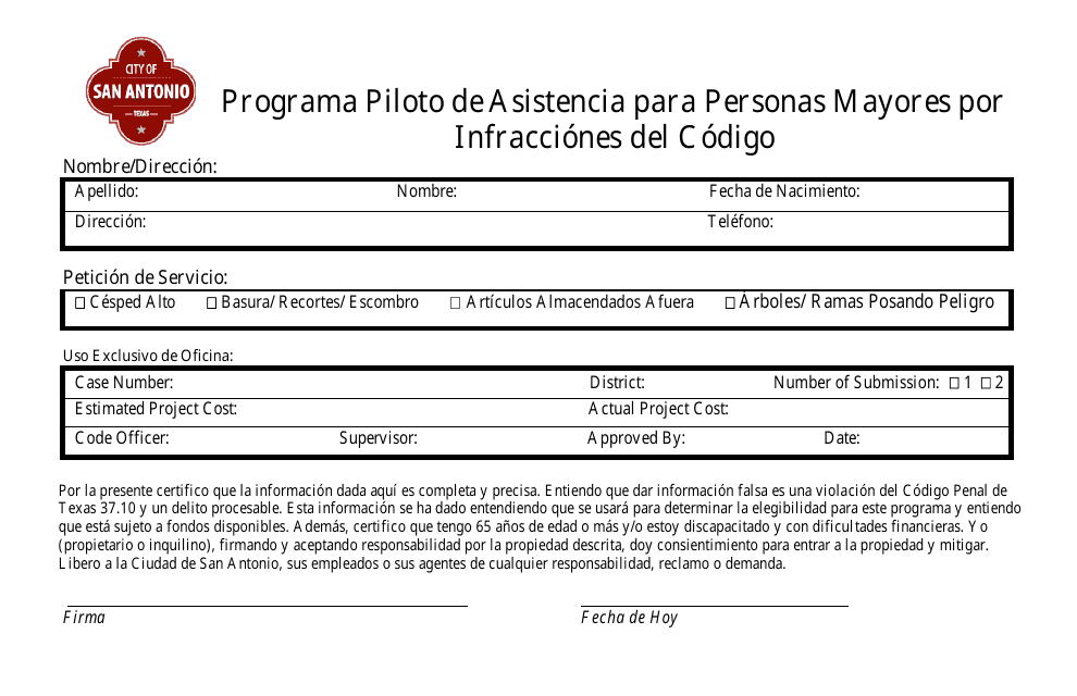 Programa Piloto De Asistencia Para Personas Mayores Por Infracciones Del Codigo - City of San Antonio, Texas (Spanish) Download Pdf