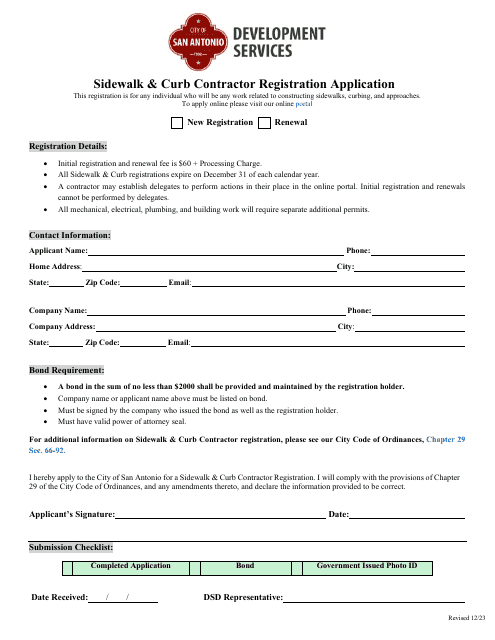 Sidewalk & Curb Contractor Registration Application - City of San Antonio, Texas Download Pdf
