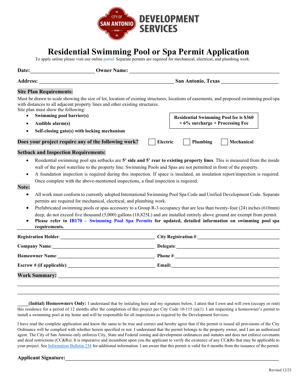 Residential Swimming Pool or SPA Permit Application - City of San Antonio, Texas, Page 1