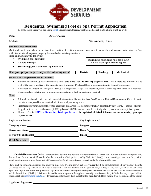 Residential Swimming Pool or SPA Permit Application - City of San Antonio, Texas