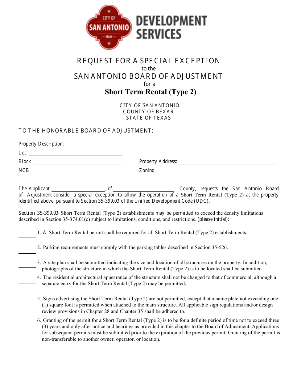 Request for a Special Exception to the San Antonio Board of Adjustment for a Short Term Rental (Type 2) - City of San Antonio, Texas, Page 1