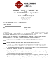 Document preview: Request for a Special Exception to the San Antonio Board of Adjustment for a Short Term Rental (Type 2) - City of San Antonio, Texas
