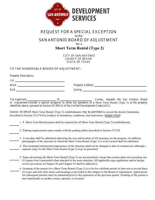 Request for a Special Exception to the San Antonio Board of Adjustment for a Short Term Rental (Type 2) - City of San Antonio, Texas