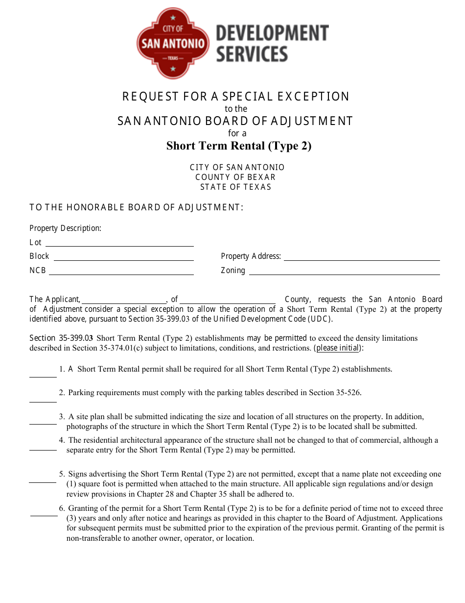 Special Exceptions City of San Antonio, Texas Request for a Special Exception to the San ...