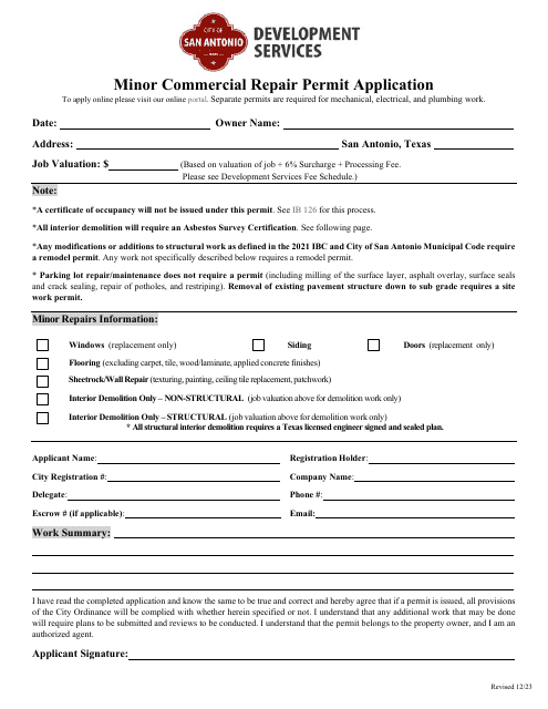 Minor Commercial Repair Permit Application - City of San Antonio, Texas Download Pdf