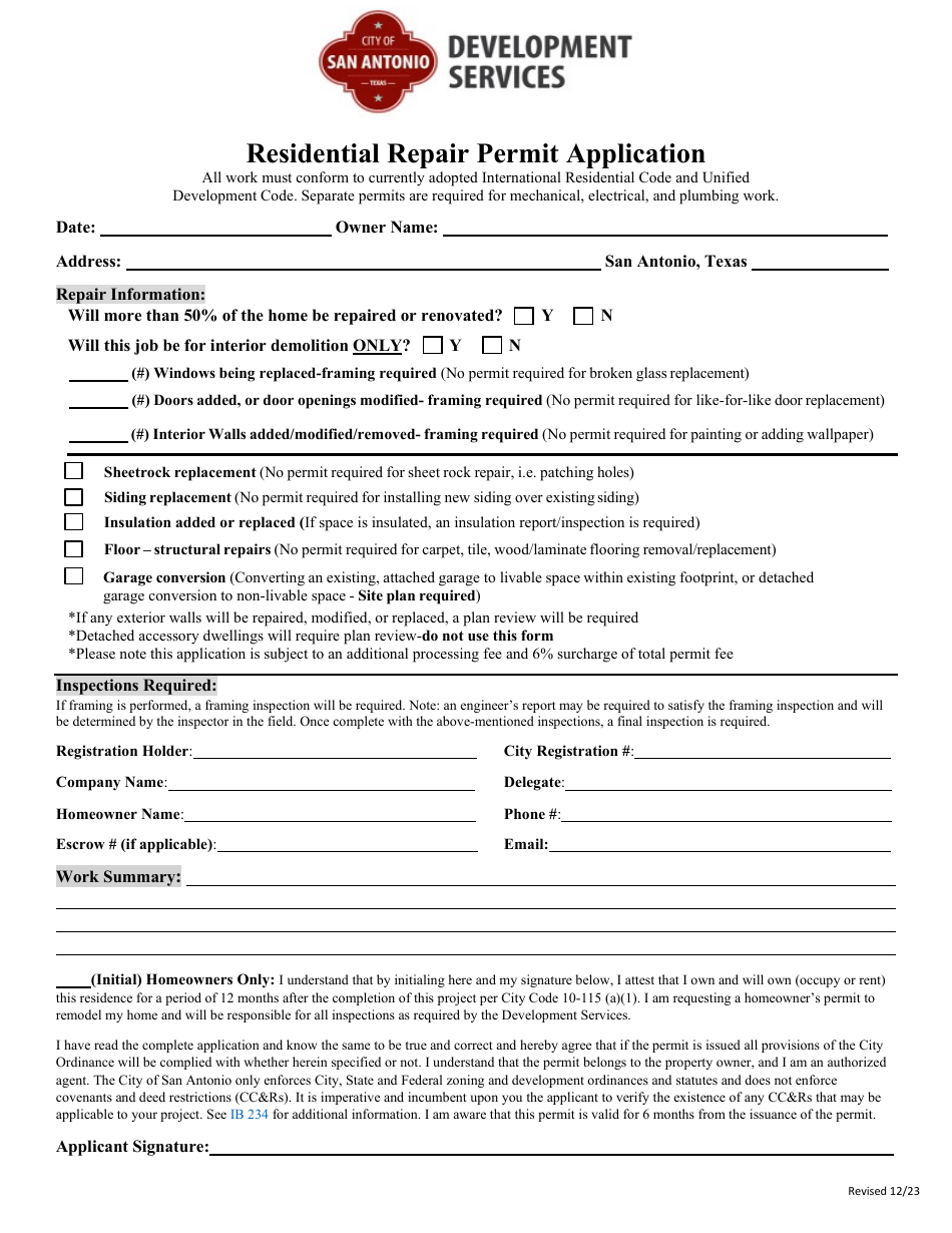 Residential Repair Permit Application - City of San Antonio, Texas, Page 1