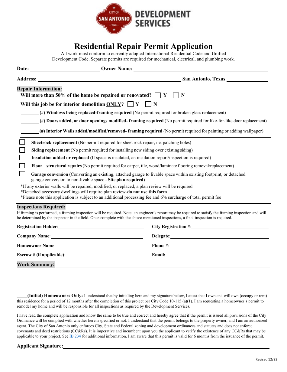 City of San Antonio, Texas Residential Repair Permit Application Fill