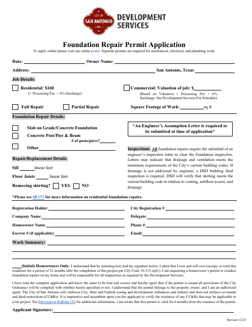 Foundation Repair Permit Application - City of San Antonio, Texas Download Pdf